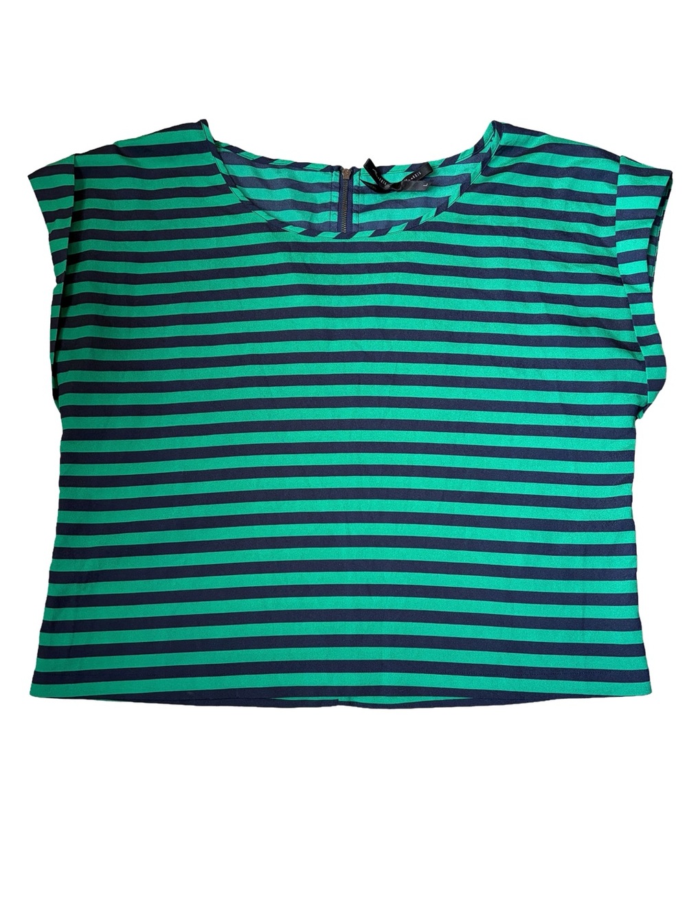 Ali & Kris Green Navy Striped Cap Sleeve Blouse Back Zip L
